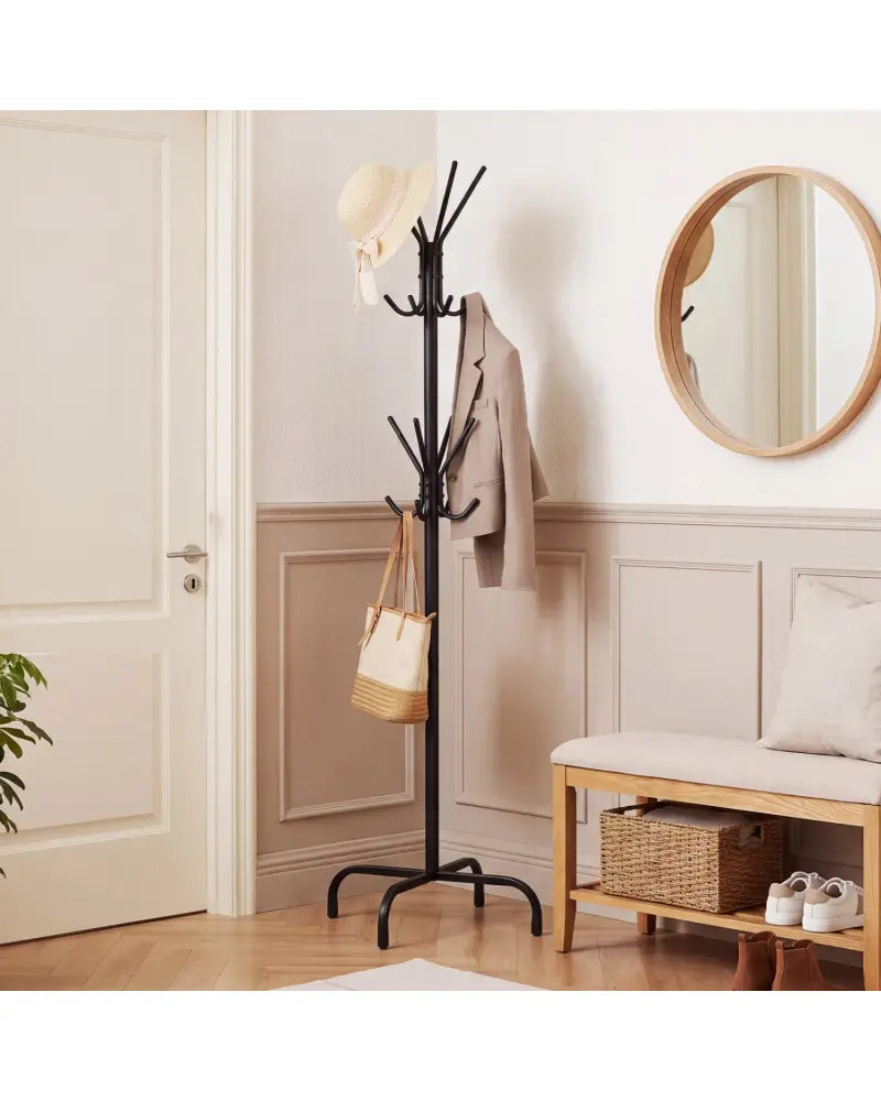 Metal Coat Rack Freestanding with 16 Hooks and 4 Legs for Entryway Office Bedroom-Black - Black - Coat Racks & Hall