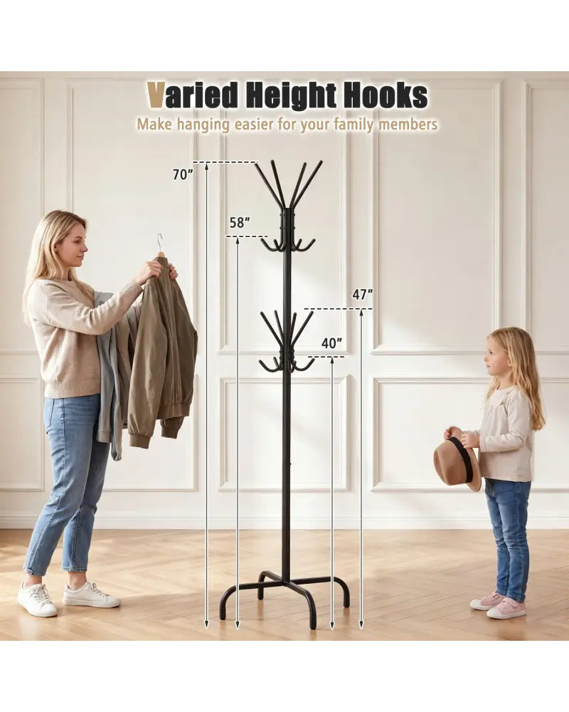 Metal Coat Rack Freestanding with 16 Hooks and 4 Legs for Entryway Office Bedroom-Black - Black - Coat Racks & Hall