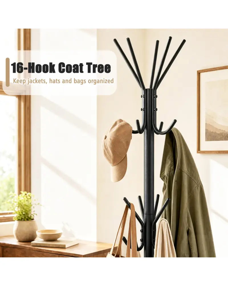 Metal Coat Rack Freestanding with 16 Hooks and 4 Legs for Entryway Office Bedroom-Black - Black - Coat Racks & Hall