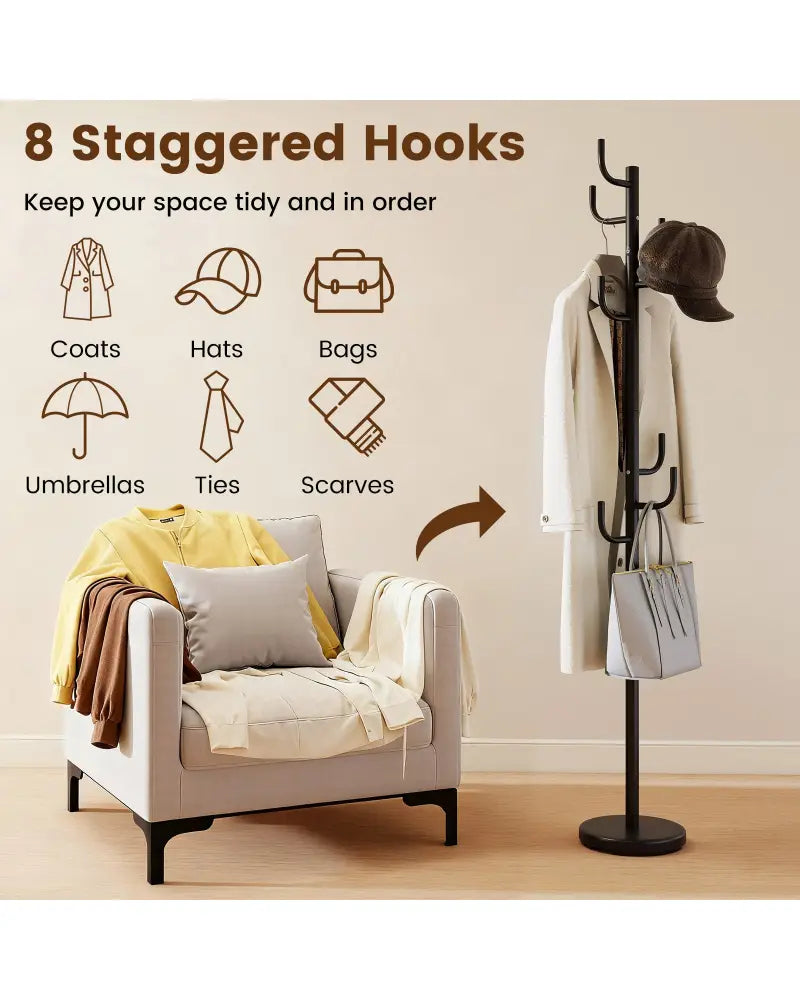 Metal Coat Rack Stand with 8 Sturdy Hooks and Metal Base - Black - Coat Racks & Hall Trees