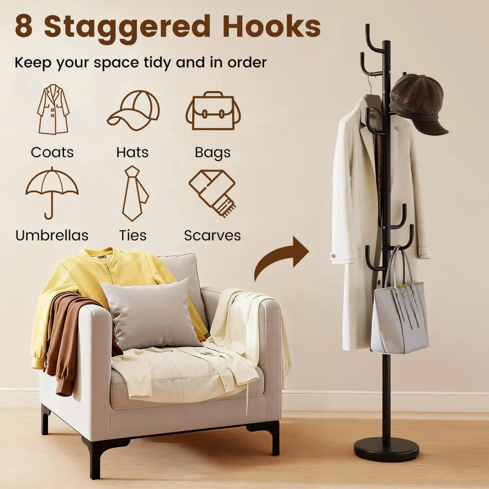 Metal Coat Rack Stand with 8 Sturdy Hooks and Metal Base - Black - Coat Racks & Hall Trees