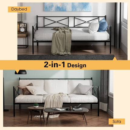 Metal Daybed Twin Bed Frame Stable Steel Slats Sofa Bed-Black - Black - Trundle Bed Frame
