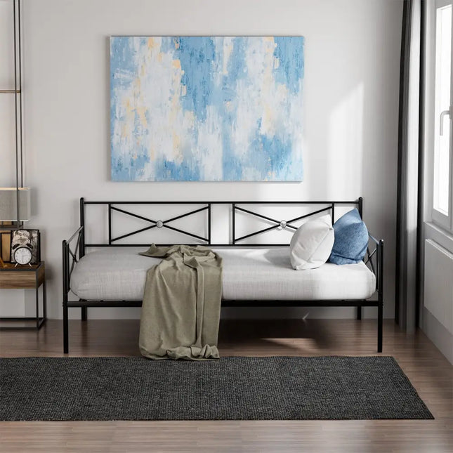 Metal Daybed Twin Bed Frame Stable Steel Slats Sofa Bed-Black - Black - Trundle Bed Frame