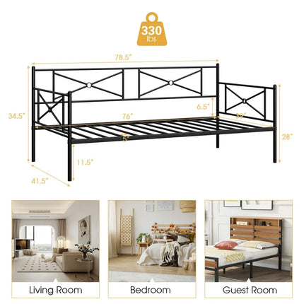 Metal Daybed Twin Bed Frame Stable Steel Slats Sofa Bed-Black - Black - Trundle Bed Frame
