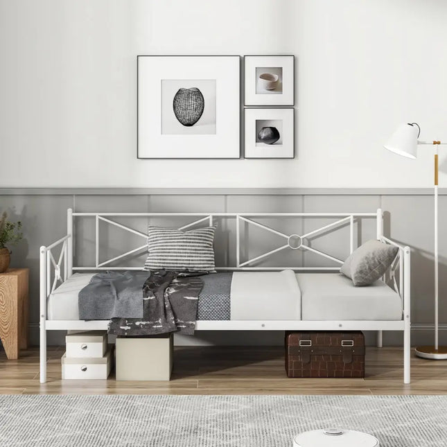Metal Daybed Twin Bed Frame Stable Steel Slats Sofa Bed-White - White - Trundle Bed Frame