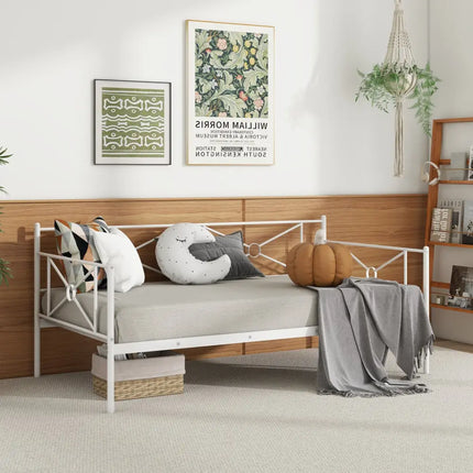 Metal Daybed Twin Bed Frame Stable Steel Slats Sofa Bed-White - White - Trundle Bed Frame