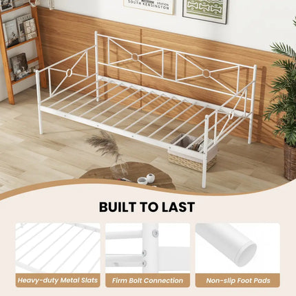 Metal Daybed Twin Bed Frame Stable Steel Slats Sofa Bed-White - White - Trundle Bed Frame