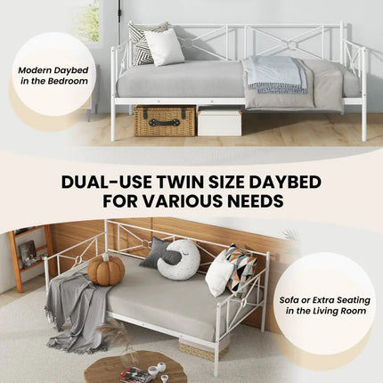 Metal Daybed Twin Bed Frame Stable Steel Slats Sofa Bed-White - White - Trundle Bed Frame
