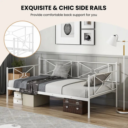 Metal Daybed Twin Bed Frame Stable Steel Slats Sofa Bed-White - White - Trundle Bed Frame
