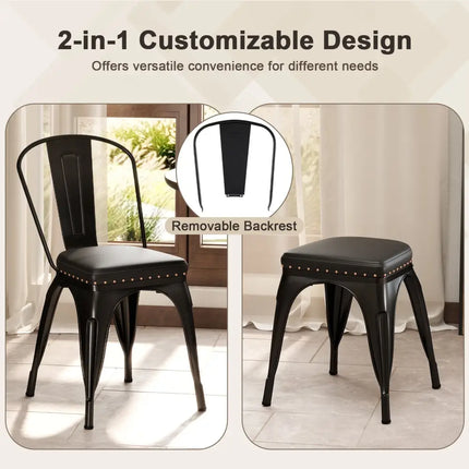 Metal Dining Chair Set of 4 Stackable Kitchen Chairs with Removable Backs and PU Leather Cushioned Seat-Black - Black