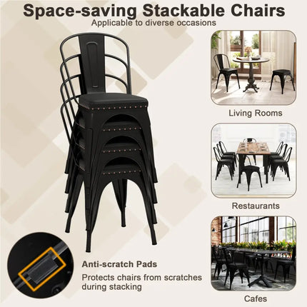 Metal Dining Chair Set of 4 Stackable Kitchen Chairs with Removable Backs and PU Leather Cushioned Seat-Black - Black
