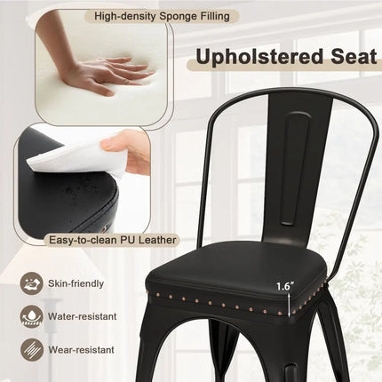 Metal Dining Chair Set of 4 Stackable Kitchen Chairs with Removable Backs and PU Leather Cushioned Seat-Black - Black