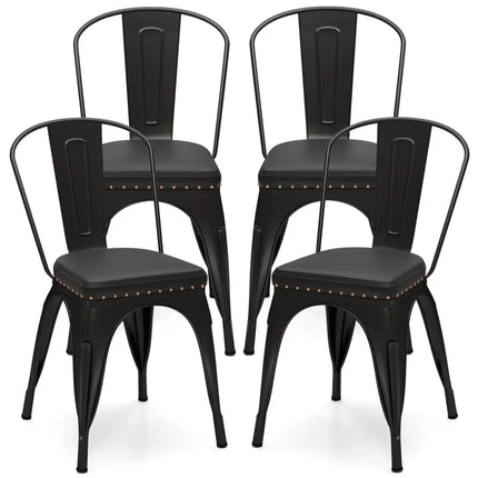 Metal Dining Chair Set of 4 Stackable Kitchen Chairs with Removable Backs and PU Leather Cushioned Seat-Black - Black