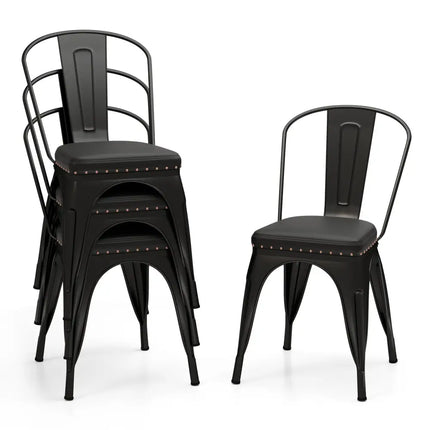 Metal Dining Chair Set of 4 Stackable Kitchen Chairs with Removable Backs and PU Leather Cushioned Seat-Black - Black