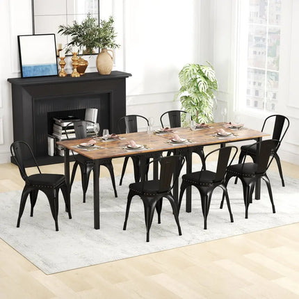 Metal Dining Chair Set of 4 Stackable Kitchen Chairs with Removable Backs and PU Leather Cushioned Seat-Black - Black