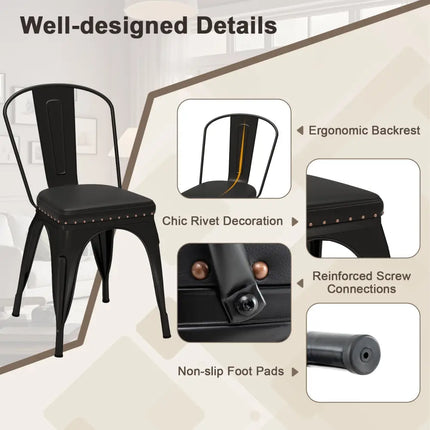 Metal Dining Chair Set of 4 Stackable Kitchen Chairs with Removable Backs and PU Leather Cushioned Seat-Black - Black