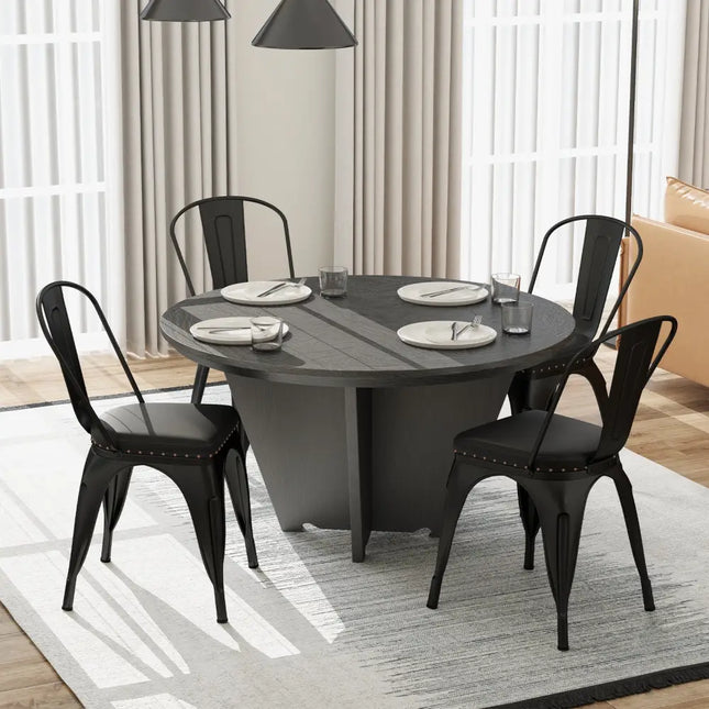 Metal Dining Chair Set of 4 Stackable Kitchen Chairs with Removable Backs and PU Leather Cushioned Seat-Black - Black