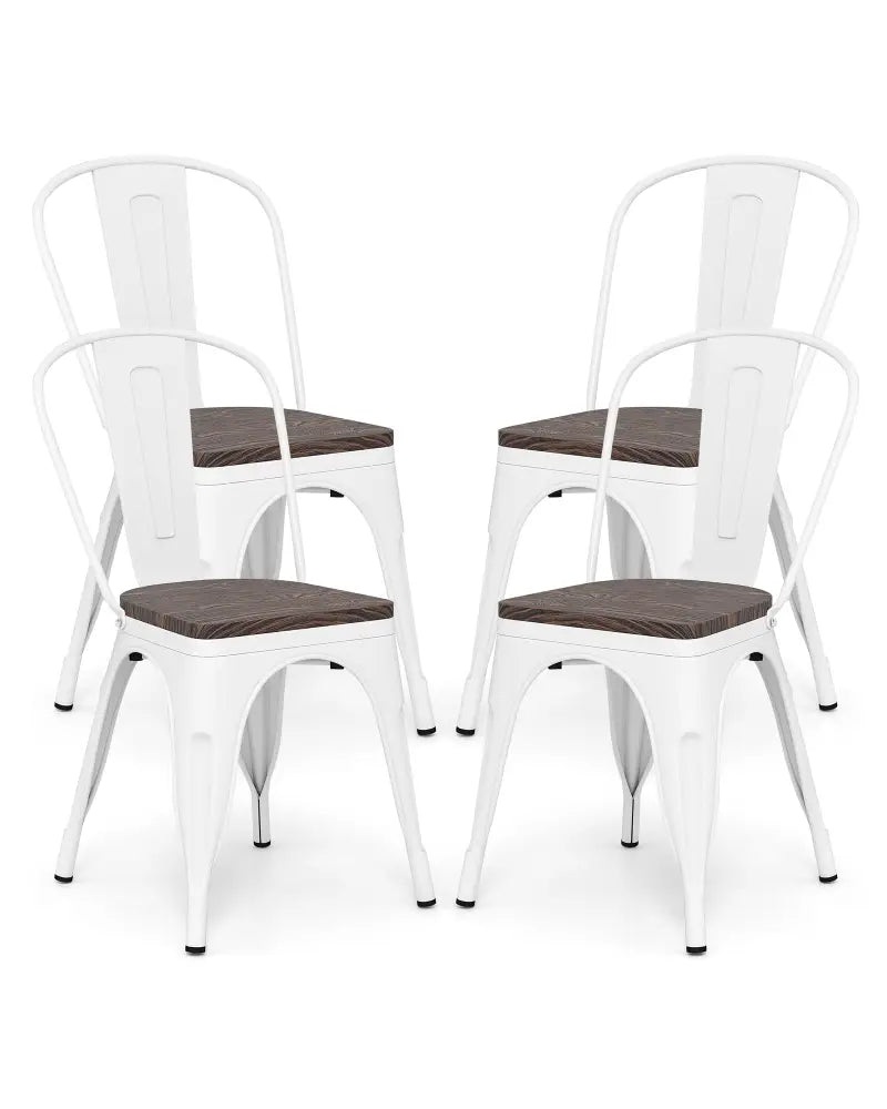 Metal Dining Chairs Set of 4 Stackable Kitchen Side Chairs with Wood Seat and Detachable High Backrest-White - White