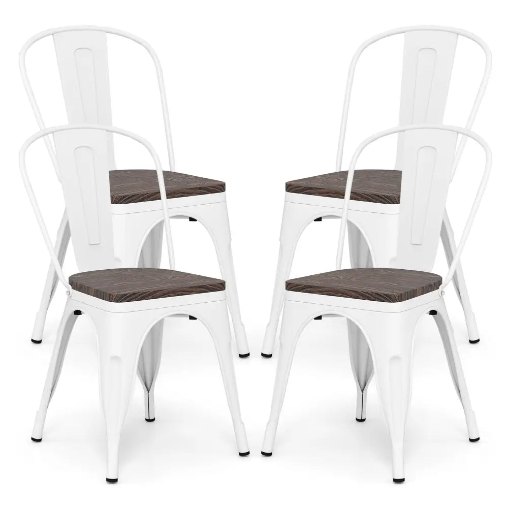 Metal Dining Chairs Set of 4 Stackable Kitchen Side Chairs with Wood Seat and Detachable High Backrest-White - White