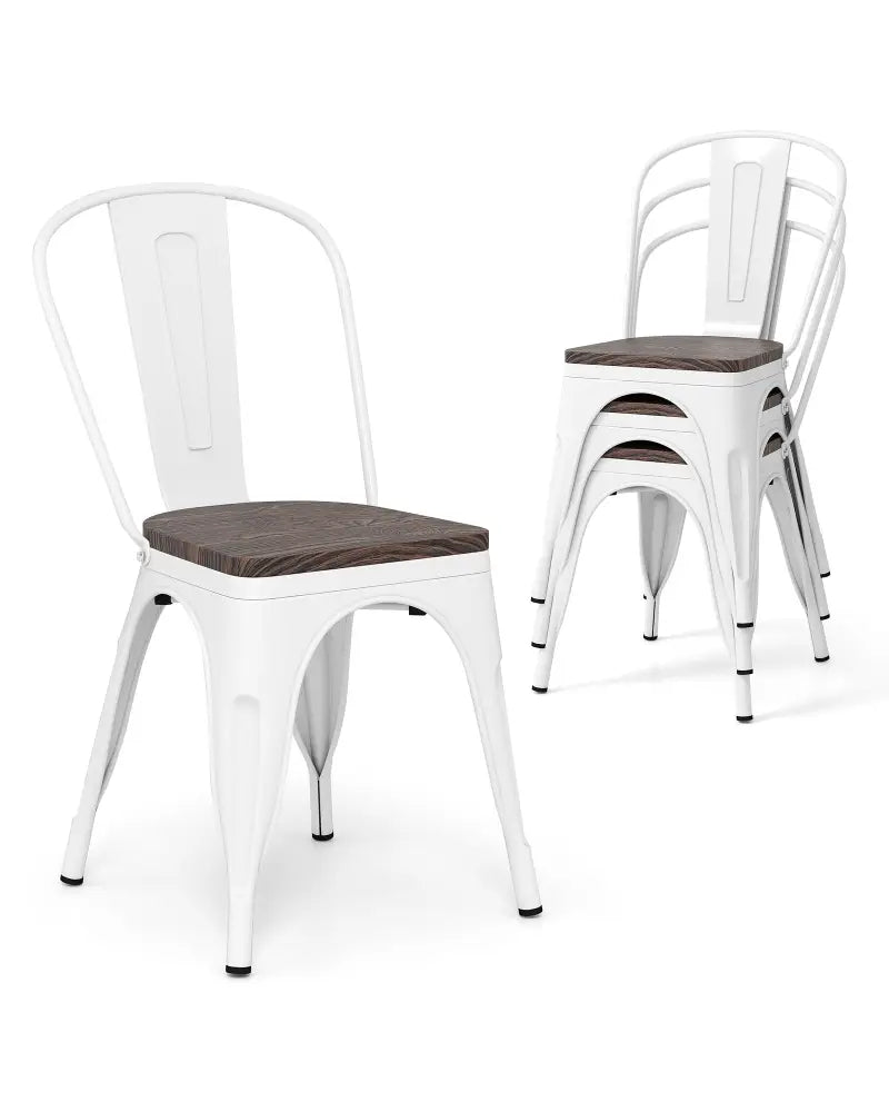 Metal Dining Chairs Set of 4 Stackable Kitchen Side Chairs with Wood Seat and Detachable High Backrest-White - White