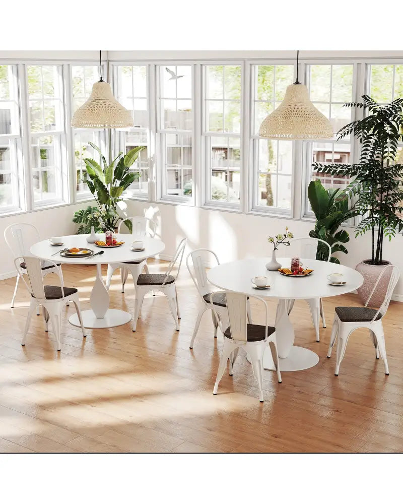 Metal Dining Chairs Set of 4 Stackable Kitchen Side Chairs with Wood Seat and Detachable High Backrest-White - White