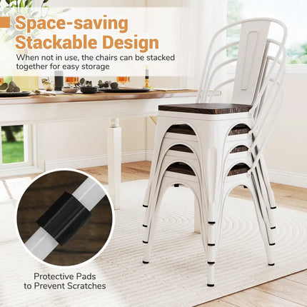 Metal Dining Chairs Set of 4 Stackable Kitchen Side Chairs with Wood Seat and Detachable High Backrest-White - White