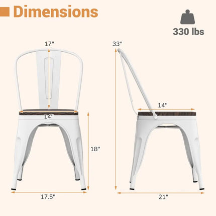 Metal Dining Chairs Set of 4 Stackable Kitchen Side Chairs with Wood Seat and Detachable High Backrest-White - White