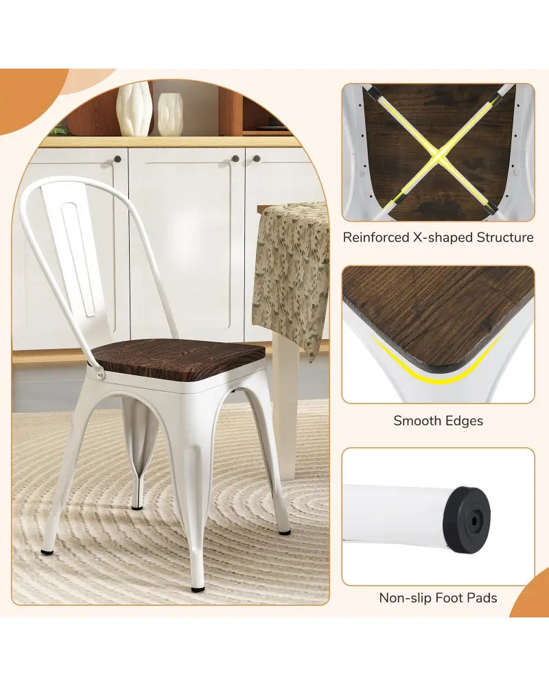 Metal Dining Chairs Set of 4 Stackable Kitchen Side Chairs with Wood Seat and Detachable High Backrest-White - White