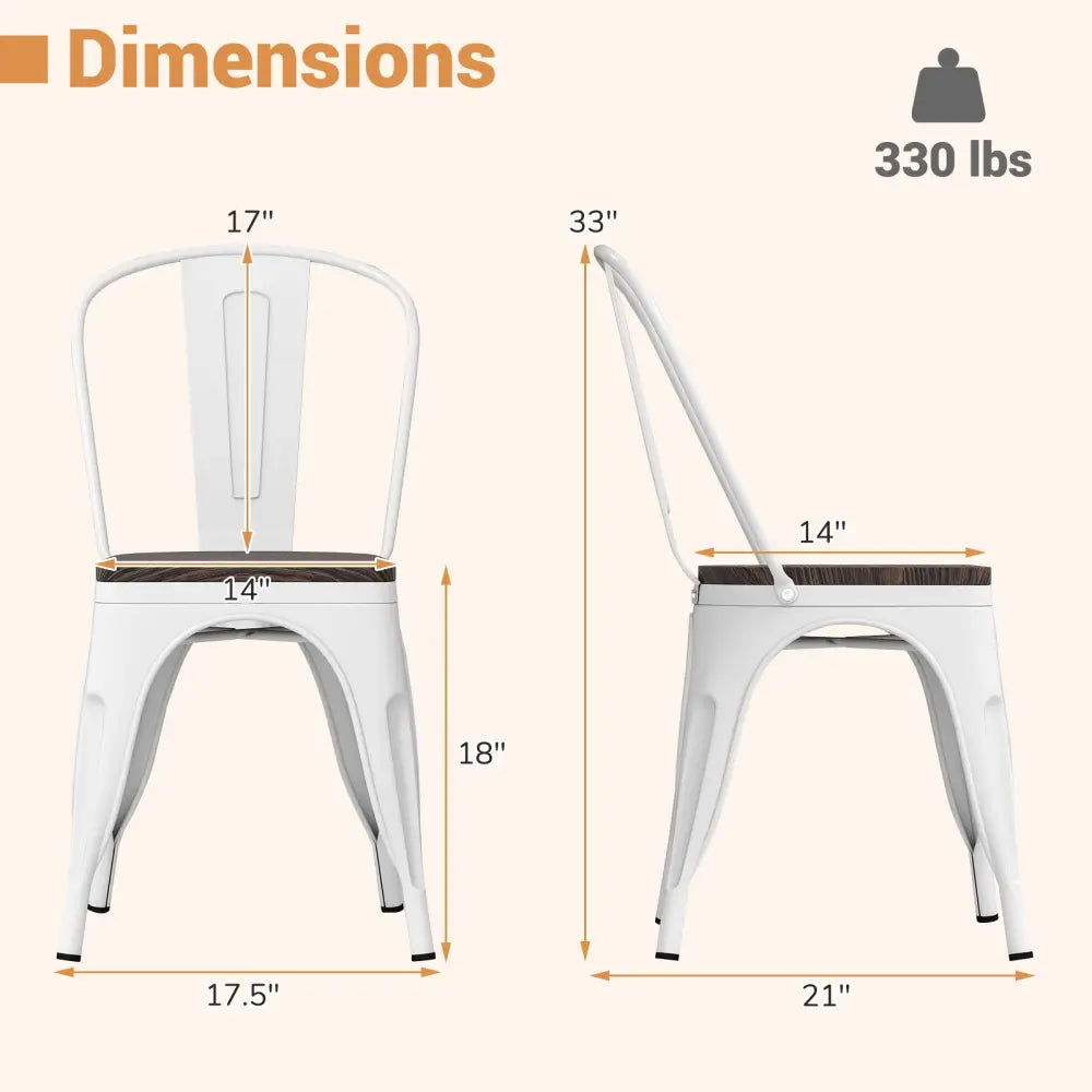Metal Dining Chairs Set of 4 Stackable Kitchen Side Chairs with Wood Seat and Detachable High Backrest-White - White