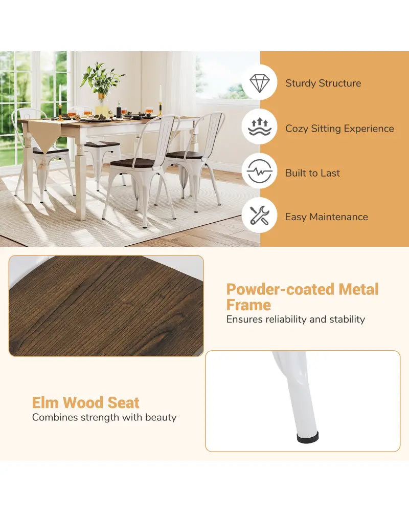 Metal Dining Chairs Set of 4 Stackable Kitchen Side Chairs with Wood Seat and Detachable High Backrest-White - White