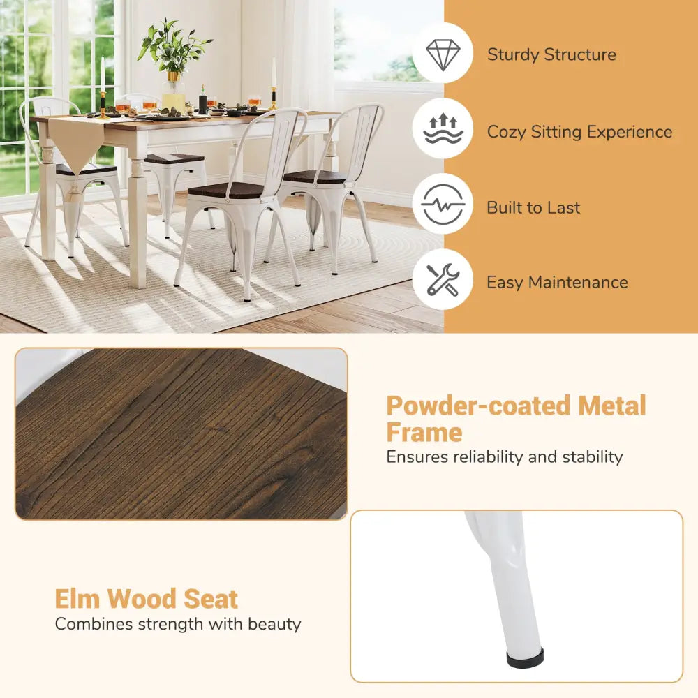 Metal Dining Chairs Set of 4 Stackable Kitchen Side Chairs with Wood Seat and Detachable High Backrest-White - White