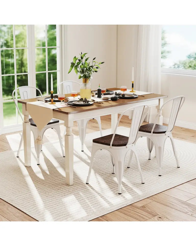 Metal Dining Chairs Set of 4 Stackable Kitchen Side Chairs with Wood Seat and Detachable High Backrest-White - White