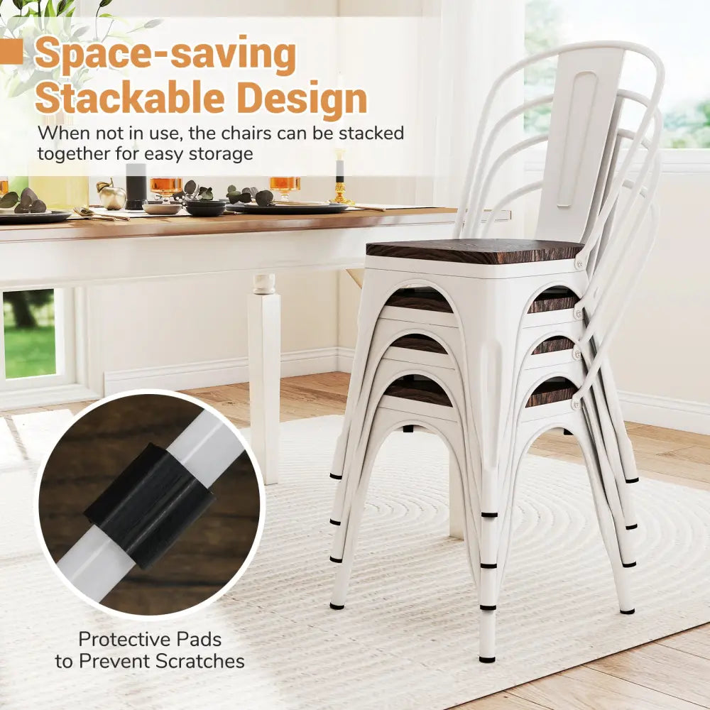 Metal Dining Chairs Set of 4 Stackable Kitchen Side Chairs with Wood Seat and Detachable High Backrest-White - White