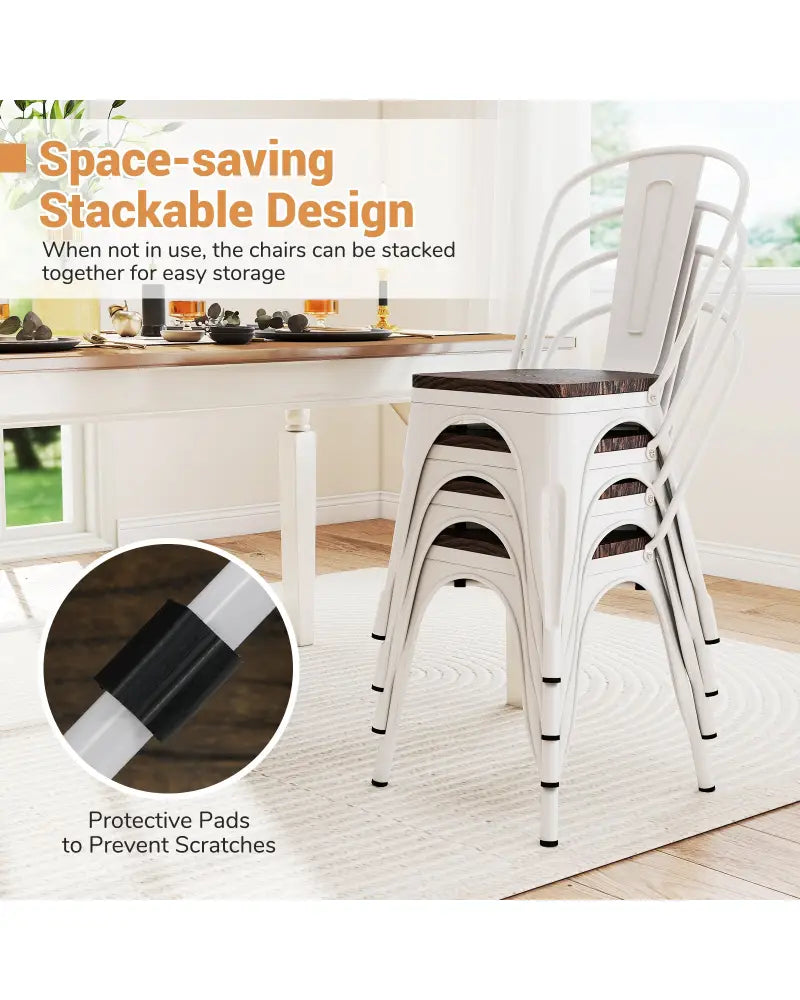Metal Dining Chairs Set of 4 Stackable Kitchen Side Chairs with Wood Seat and Detachable High Backrest-White - White