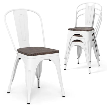 Metal Dining Chairs Set of 4 Stackable Kitchen Side Chairs with Wood Seat and Detachable High Backrest-White - White