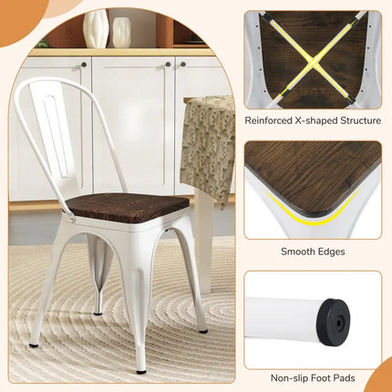 Metal Dining Chairs Set of 4 Stackable Kitchen Side Chairs with Wood Seat and Detachable High Backrest-White - White