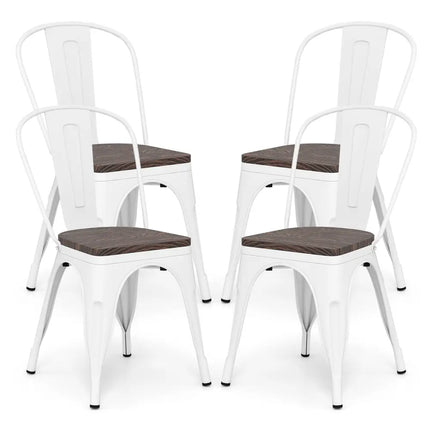 Metal Dining Chairs Set of 4 Stackable Kitchen Side Chairs with Wood Seat and Detachable High Backrest-White - White