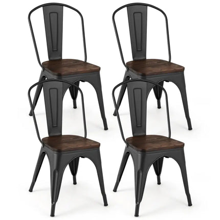 Metal Dining Chairs Set of 4 Tolix Style Stackable Kitchen Chairs with Wood Seat-Black - Black - Dining Chairs