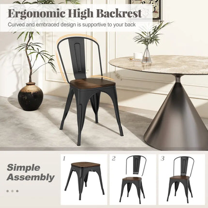 Metal Dining Chairs Set of 4 Tolix Style Stackable Kitchen Chairs with Wood Seat-Black - Black - Dining Chairs