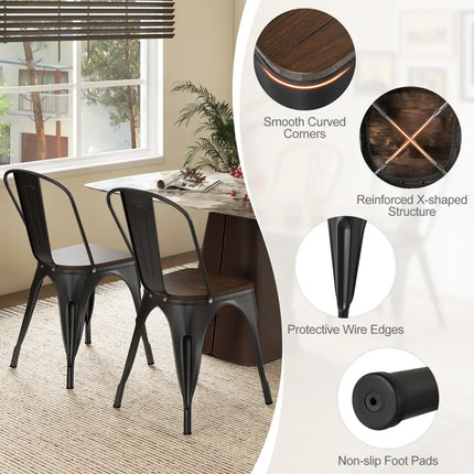 Metal Dining Chairs Set of 4 Tolix Style Stackable Kitchen Chairs with Wood Seat-Black - Black - Dining Chairs