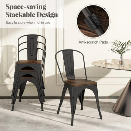 Metal Dining Chairs Set of 4 Tolix Style Stackable Kitchen Chairs with Wood Seat-Black - Black - Dining Chairs