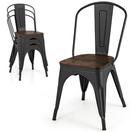 Metal Dining Chairs Set of 4 Tolix Style Stackable Kitchen Chairs with Wood Seat-Black - Black - Dining Chairs