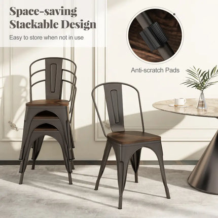 Metal Dining Chairs Set of 4 Tolix Style Stackable Kitchen Chairs with Wood Seat-Gun - Gun - Dining Chairs