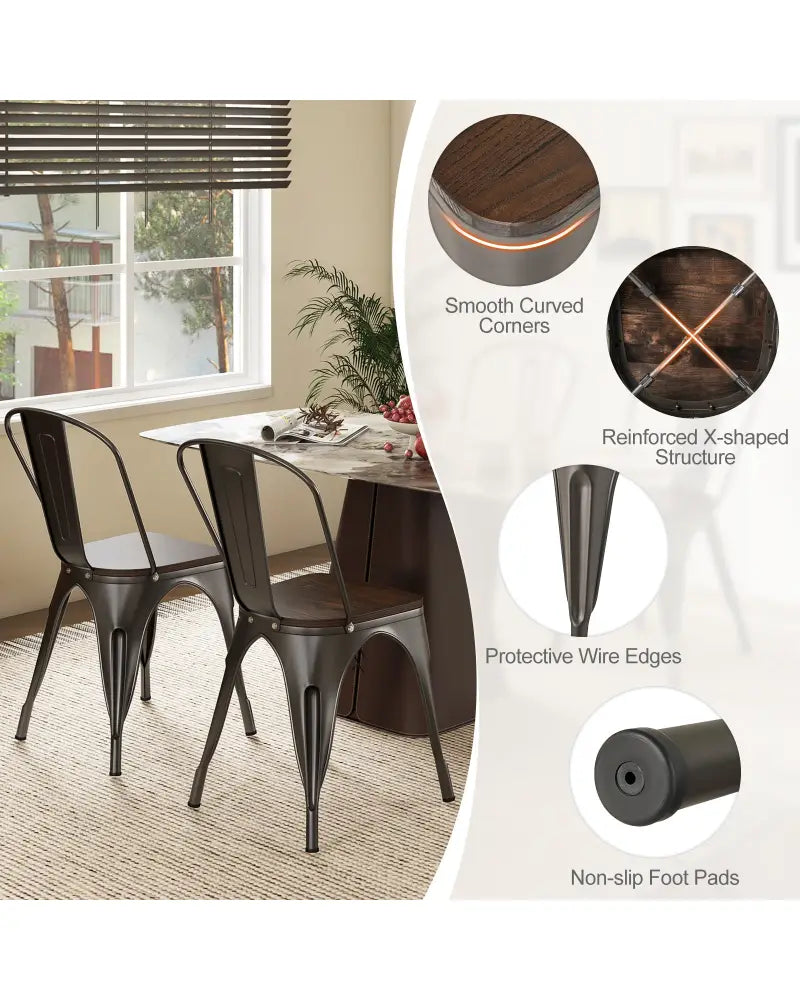 Metal Dining Chairs Set of 4 Tolix Style Stackable Kitchen Chairs with Wood Seat-Gun - Gun - Dining Chairs