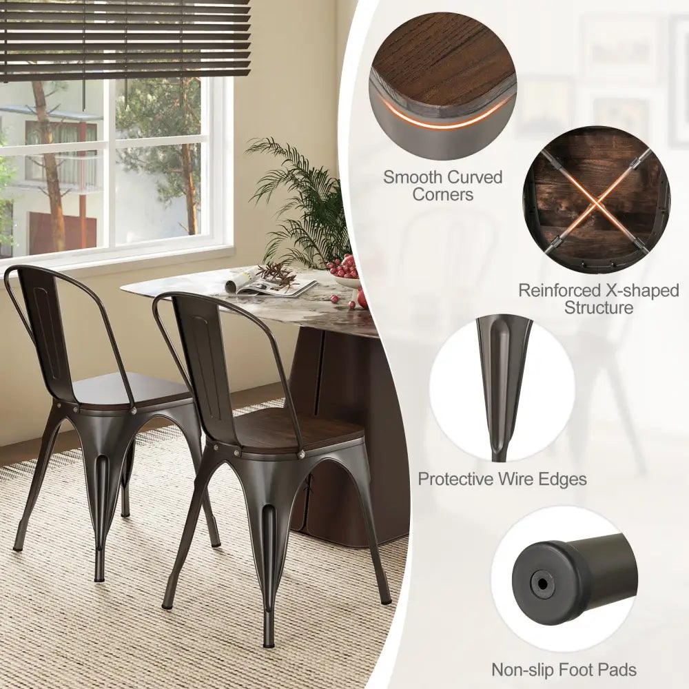 Metal Dining Chairs Set of 4 Tolix Style Stackable Kitchen Chairs with Wood Seat-Gun - Gun - Dining Chairs