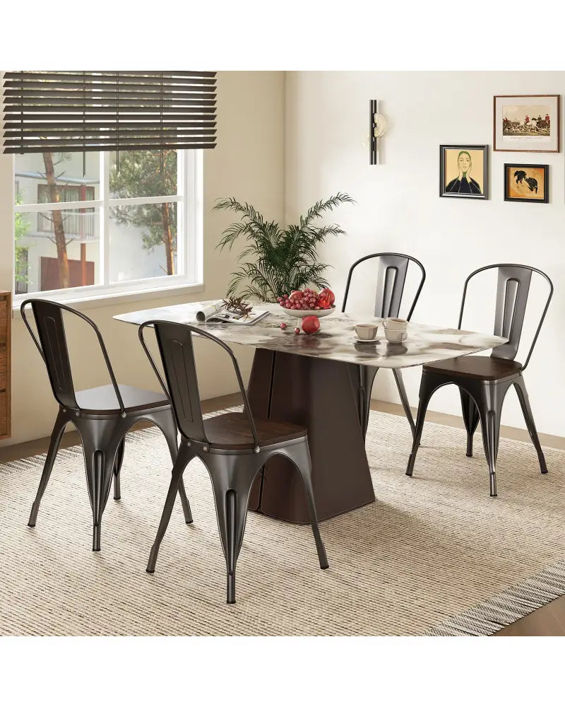 Metal Dining Chairs Set of 4 Tolix Style Stackable Kitchen Chairs with Wood Seat-Gun - Gun - Dining Chairs