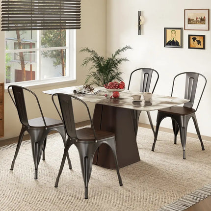 Metal Dining Chairs Set of 4 Tolix Style Stackable Kitchen Chairs with Wood Seat-Gun - Gun - Dining Chairs