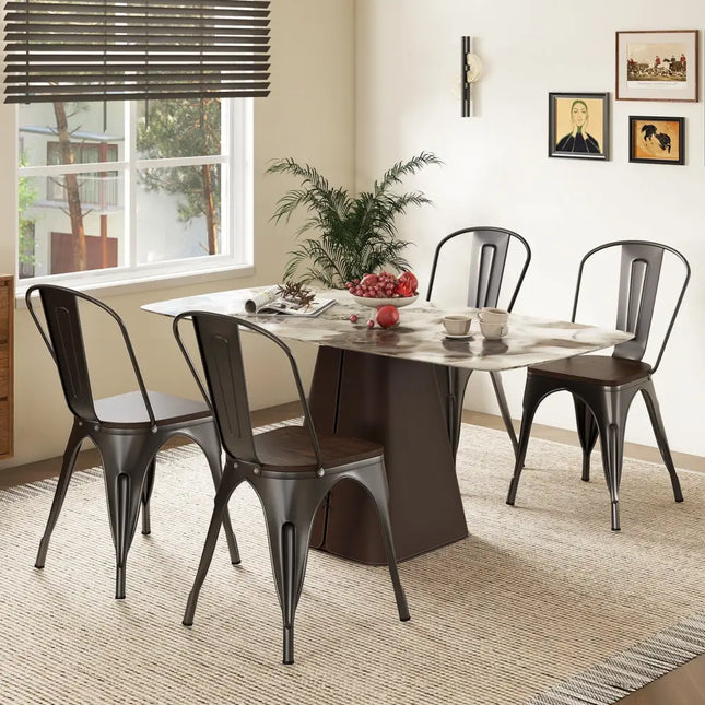 Metal Dining Chairs Set of 4 Tolix Style Stackable Kitchen Chairs with Wood Seat-Gun - Gun - Dining Chairs