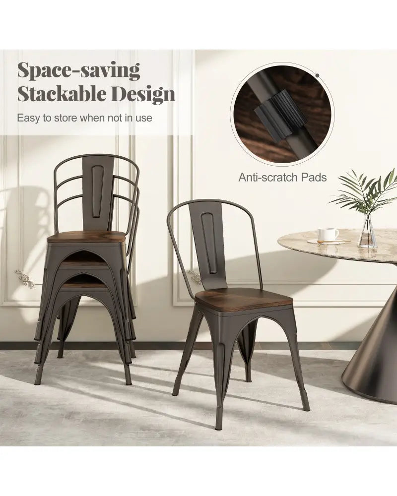 Metal Dining Chairs Set of 4 Tolix Style Stackable Kitchen Chairs with Wood Seat-Gun - Gun - Dining Chairs