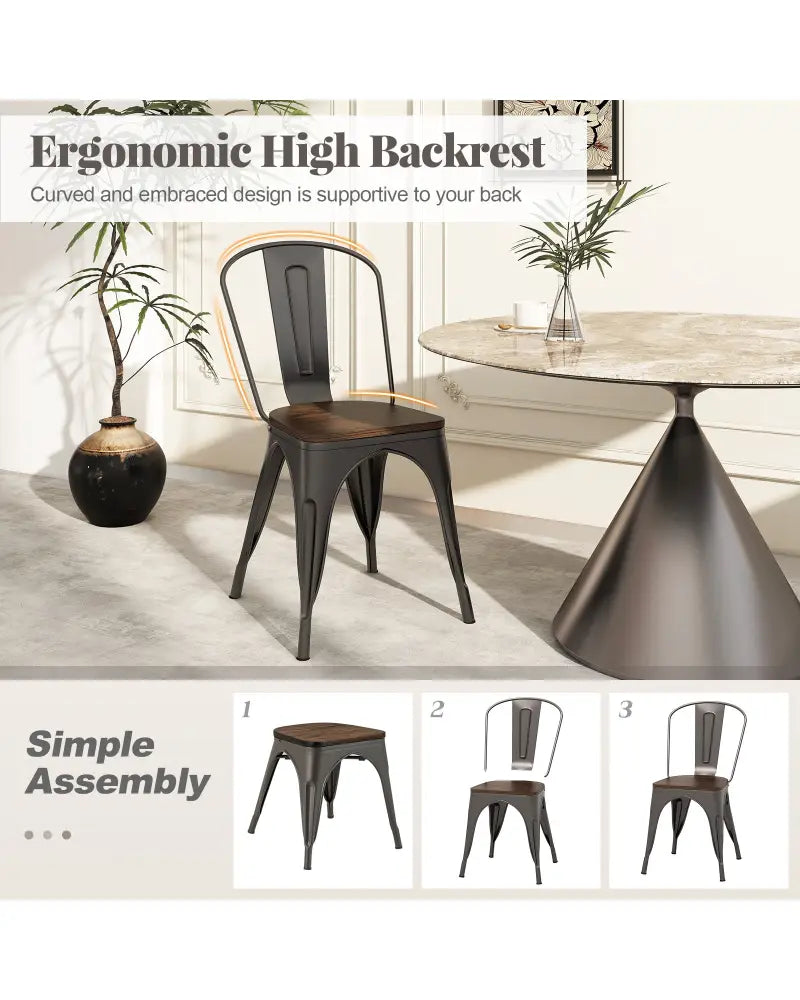 Metal Dining Chairs Set of 4 Tolix Style Stackable Kitchen Chairs with Wood Seat-Gun - Gun - Dining Chairs